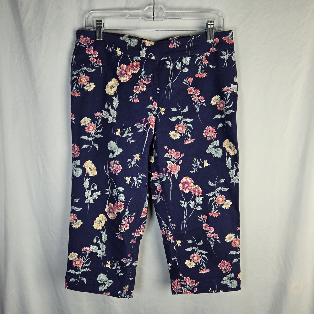 Slim-Sation Capri Pants Womens 12P Blue Pink Floral Cottagecore Pull On Retro